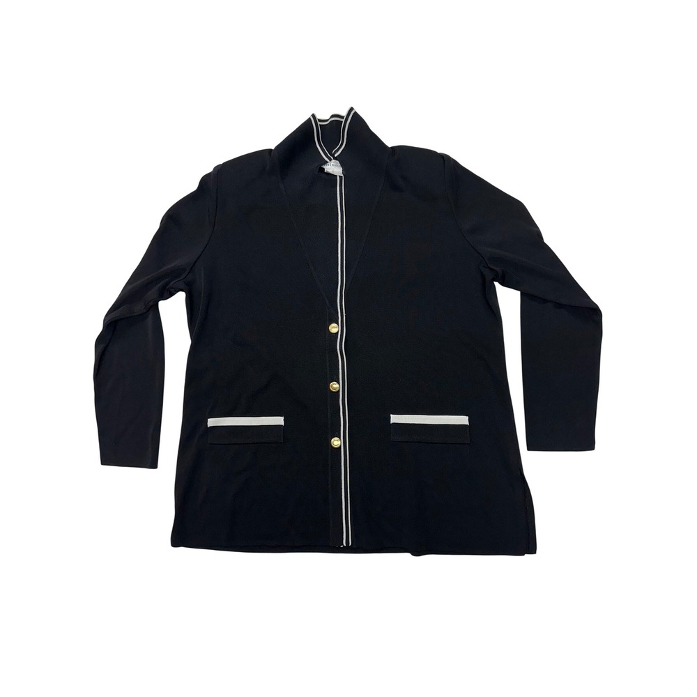 Misook Knit Cardigan Jacket Black White Trim Gold Buttons Professional L Women